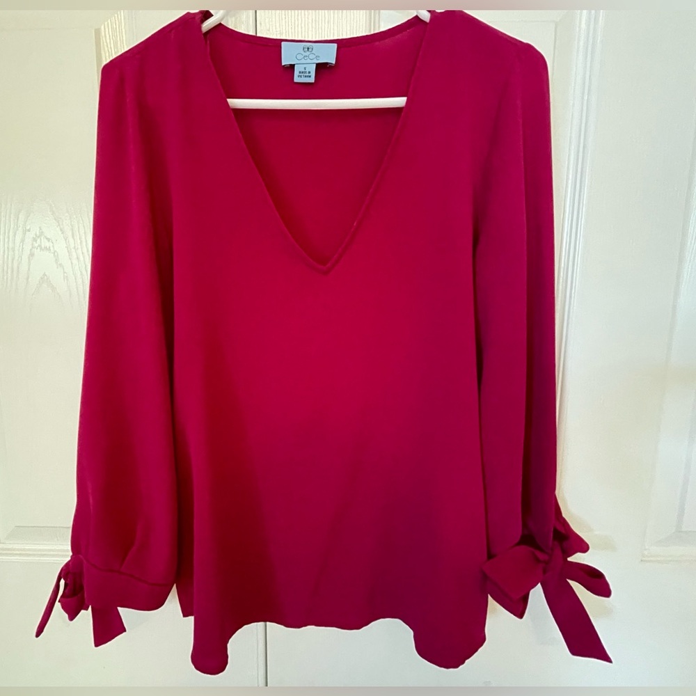 Cece hot pink tie-cuff, long sleeve blouse, size small, EUC.